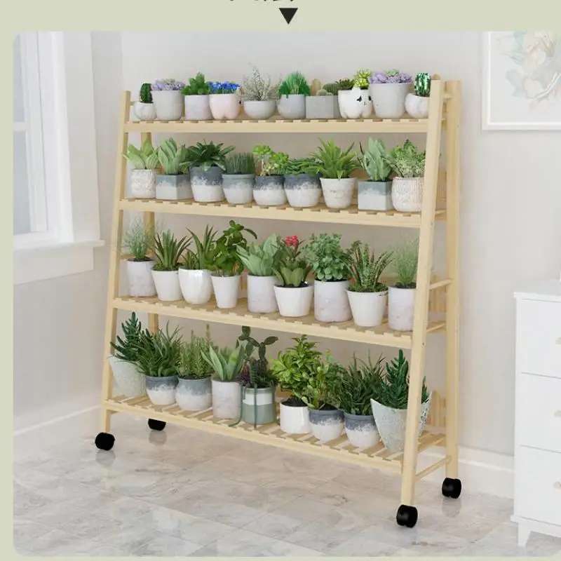 Цветочная полка из дерева многослойная комнатная зеленая для сохранения места в