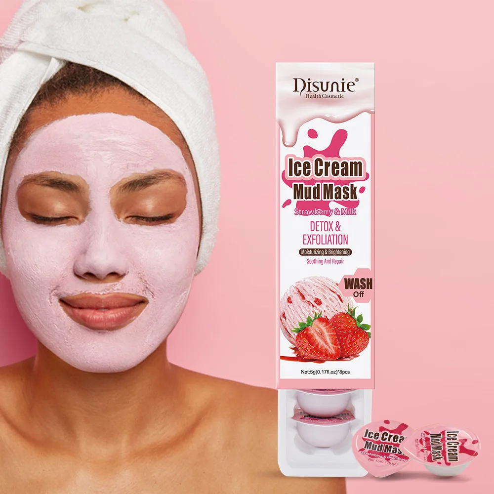 

5g*8pcs Strawberry & Milk Sub-polishing Mask Mud Firming Moisturizing Moisturizing Brightening Washing Mask Wholesale Face Mask