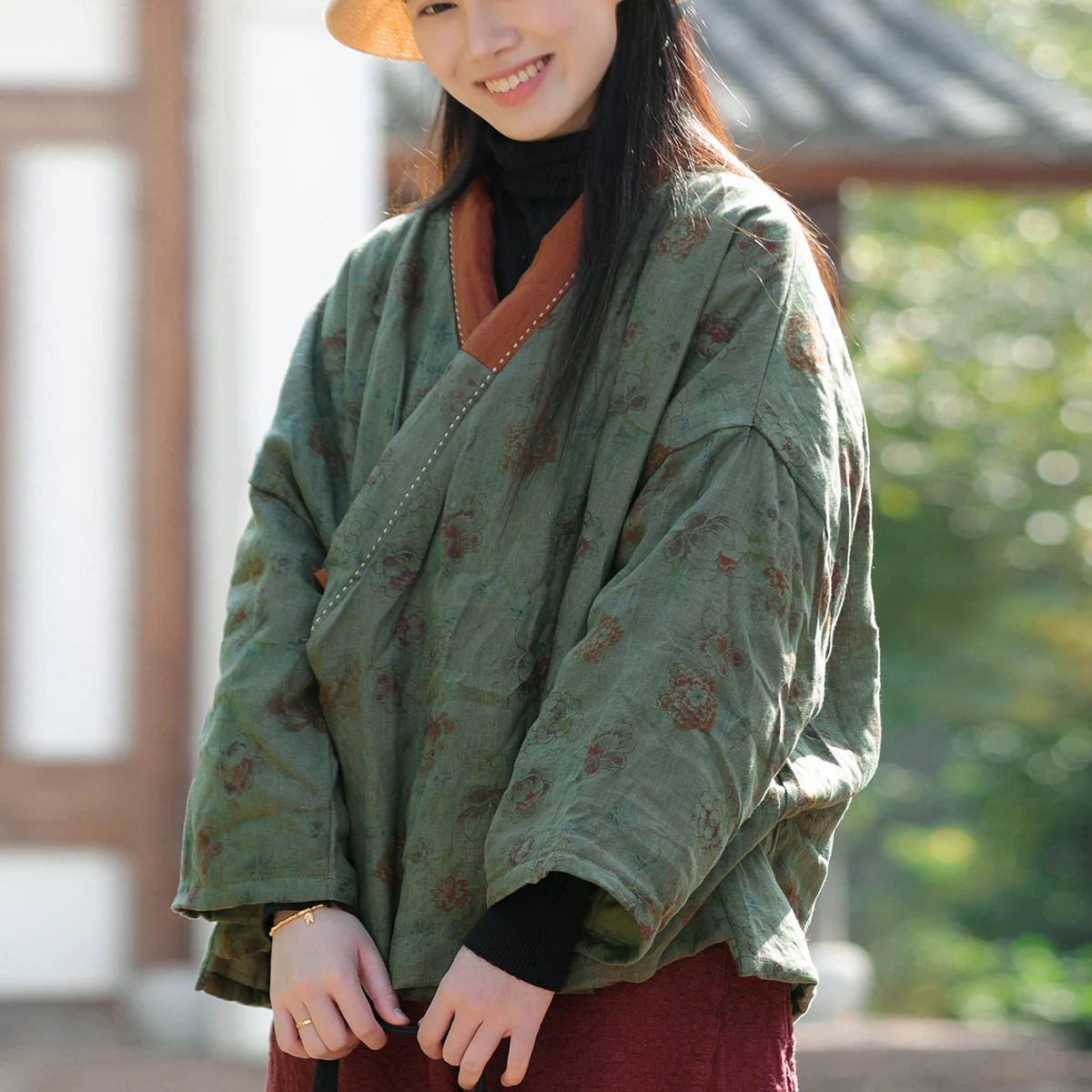 LZJN Короткая хлопковая куртка в китайском стиле льняная с дзен-принтом Hanfu дизайн