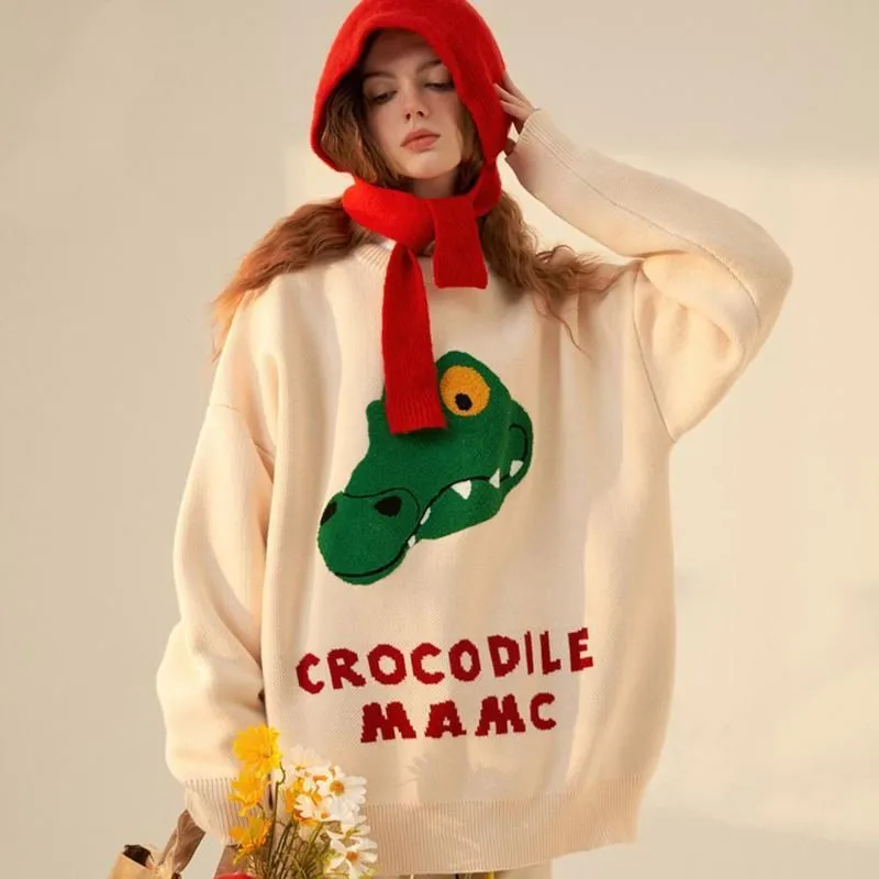

STSVZORR Y2K Cartoon Crocodile Embroidery Sweater for Men and Women Autumn and Winter Loose Round Neck Pullover