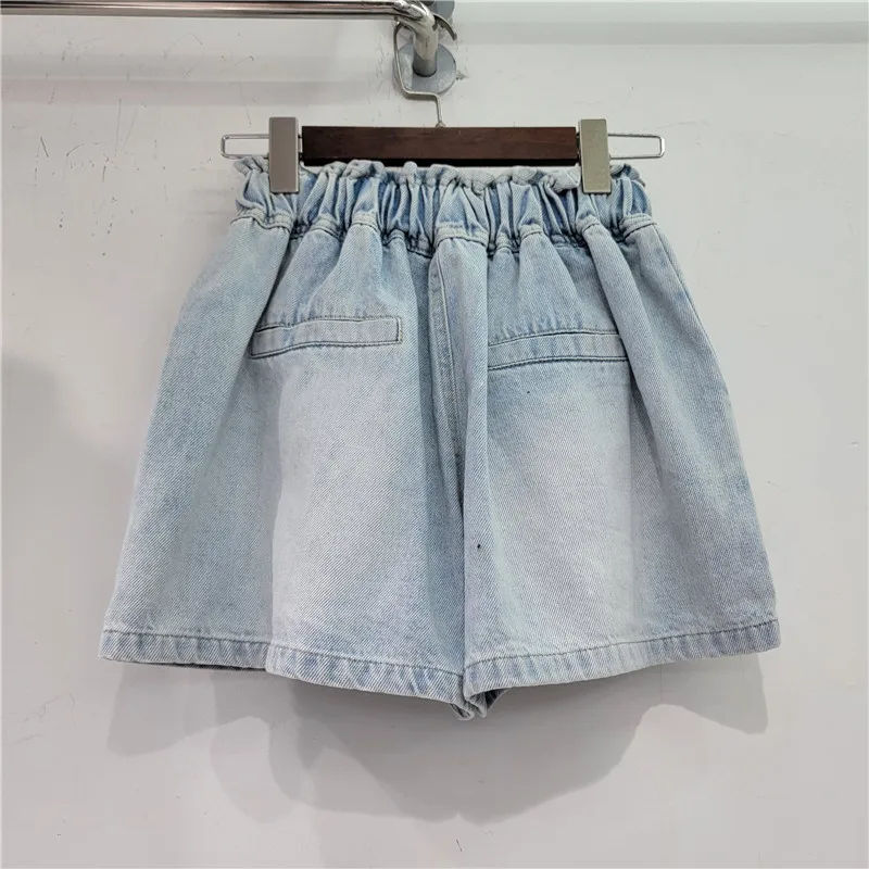 European Station 2023 Summer New Heavy Handmade Beaded Bowknot High Waist Loose Short Jeans Slimming Wide-Leg Denim Shorts