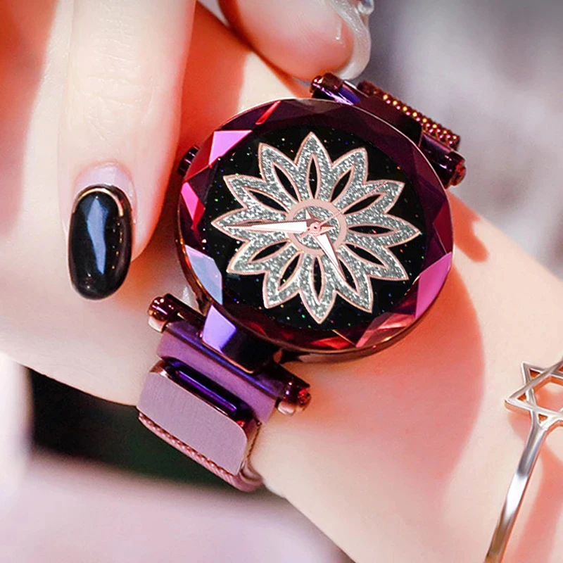 

SMVP2022 Personality Romantic Starry Sky Women Magnet Buckle Watches Fashion Ladies Rhinestone Flower Steel Mesh Belt Quartz Wat