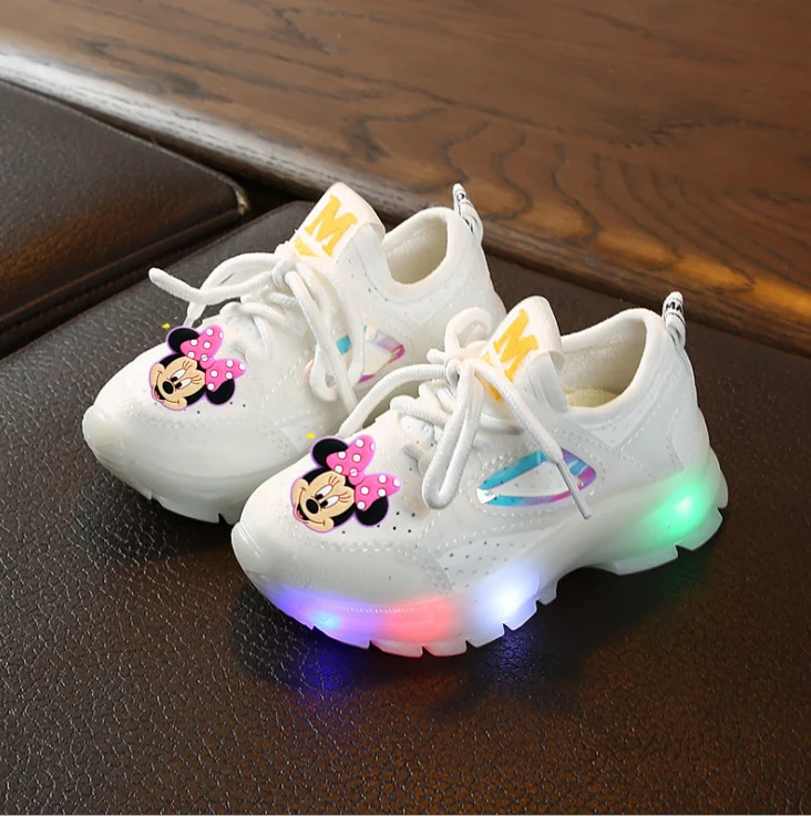 

Детские повседневные туфли с диснеевским Минни Микки, Мультяшные кроссовки с подсветкой, для принцесс, для девочек, теннисная обувь