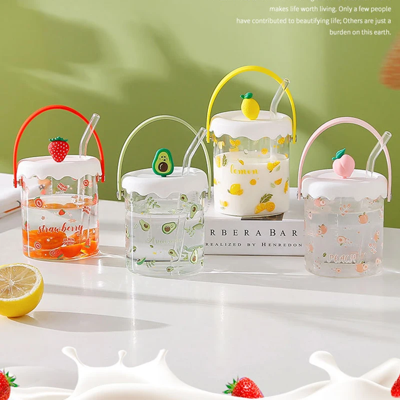 

INS Wind Mug High-value Household Fruit Pattern Glass Cup High Temperature Glass Water Cup Kawaii Girl Cup With Straw Wholesale