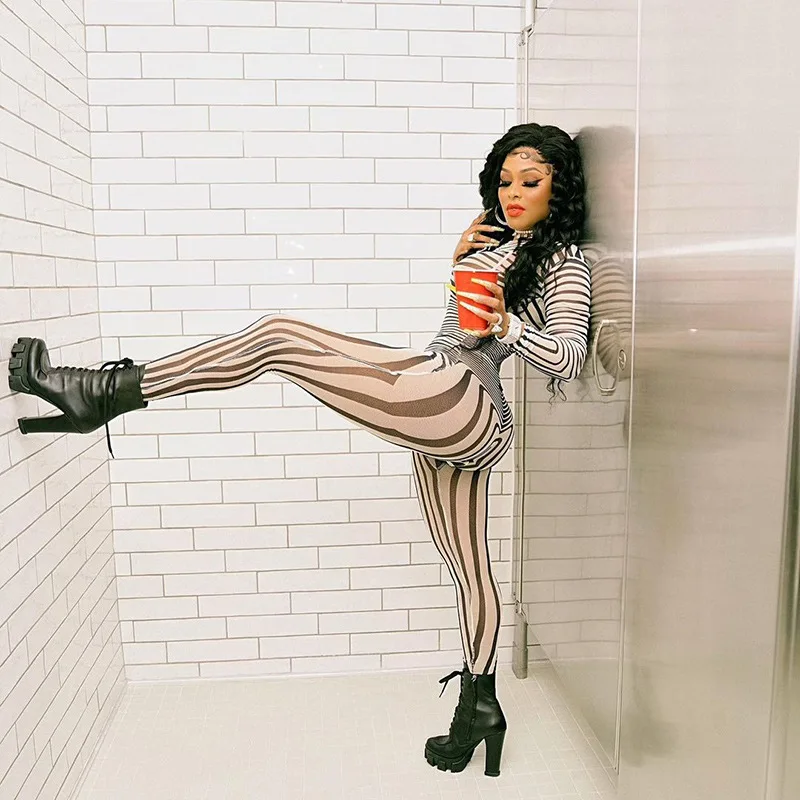 Mesh Striped Two Piece Set Women Sheath Body-Shaping High Street Sexy Hipster Long Sleeve O-Neck Female Streetwear Outfits