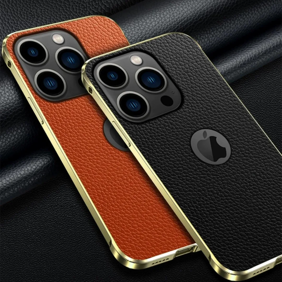 

Retro Slim Genuine Leather Phone Case For Apple iPhone 13 Pro Max Alloy Metal Bumper Visible Hollow LOGO Ring Hole Back Cover