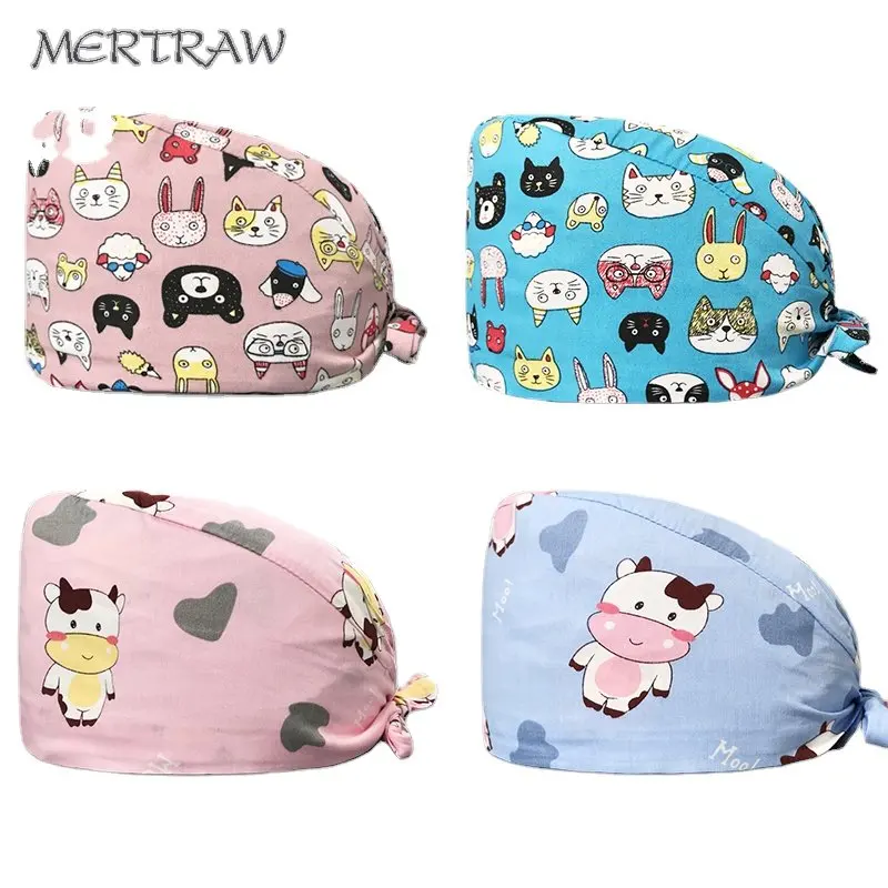 

High Quality Cartoon Print Sweat-absorbent Scrub Hat Beautician Spa Lab Men and Women Adjustable Scrub Caps Cute Nurse Hat