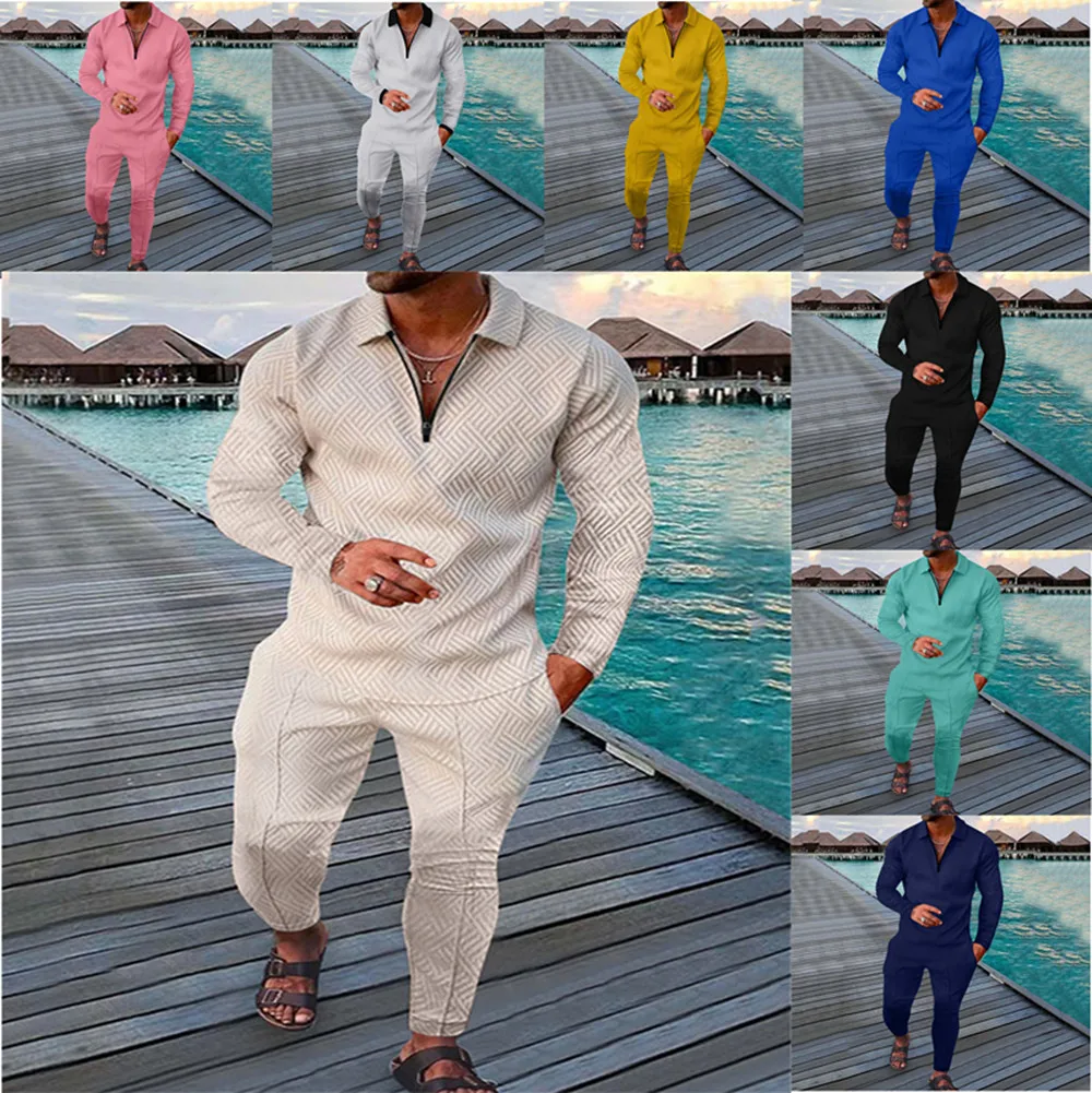 

2022 Autumn New Men's Suit Recreational Sports Print Loog Sleeve Polo Loog Pants Suit Fashion Zipper Polo Shirt Two Piece Set
