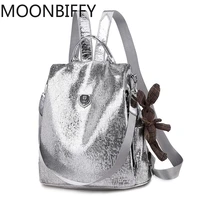 2022 new casual women backpacks pu leather anti theft black backpack girls school shoulder bag with bear blacksilver backpack
