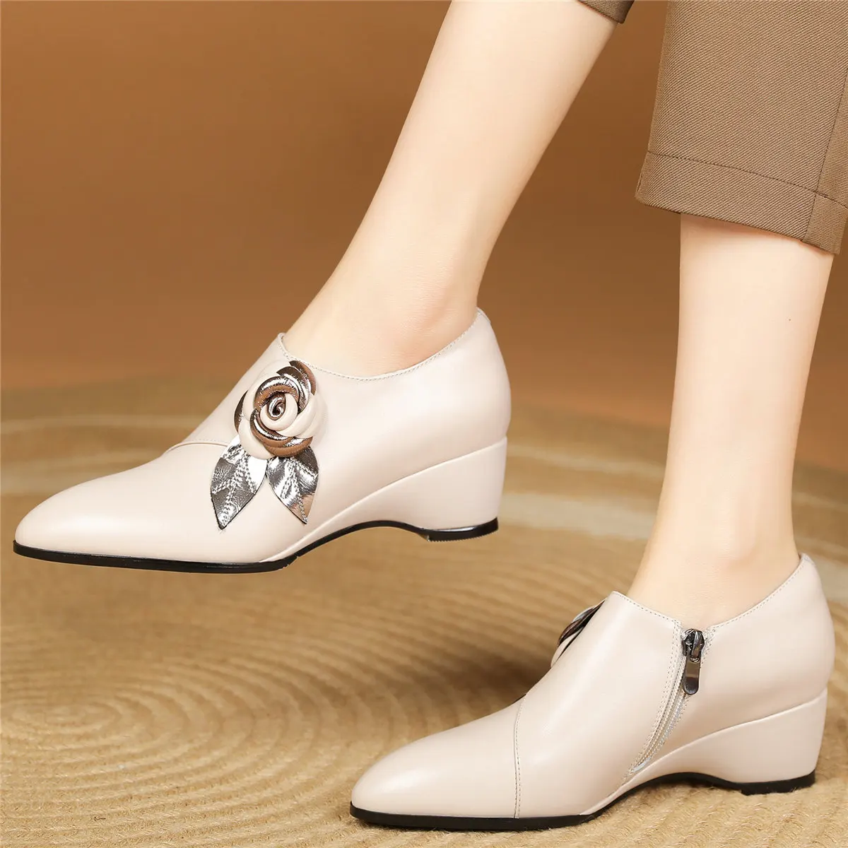 Flowers Platform Oxfords Party Shoes Women Genuine Leather Wedges Med Heels Pumps Female Round Toe Fashion Sneakers Casual Shoes