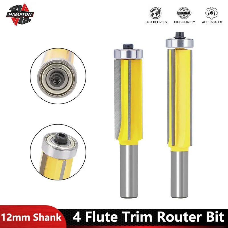 

12MM Shank 4 Flute Trim Router Bit for Woodwokring Tools Top Bearing Bits Milling Cutter