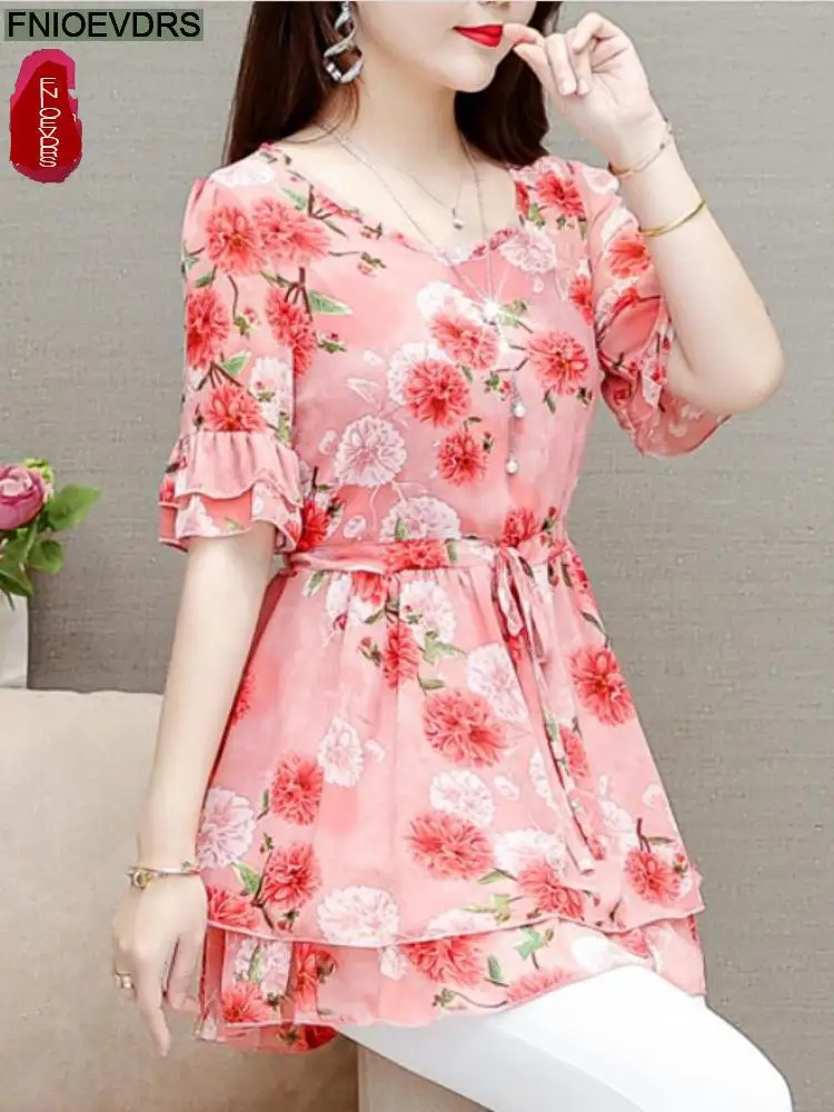 

Loose Drawstring Elegant Blusas 2022 Women Summer Blouse Floral Print Office Lady Belly Vintage Retro Tunic Peplum Tops 0332