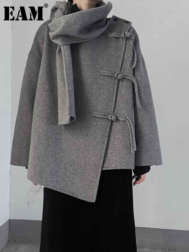 

[EAM] Loose Fit Black Scarf Big Size Irregular Woolen Coat Parkas New Long Sleeve Women Fashion Tide Autumn Winter 2023 1DF3451