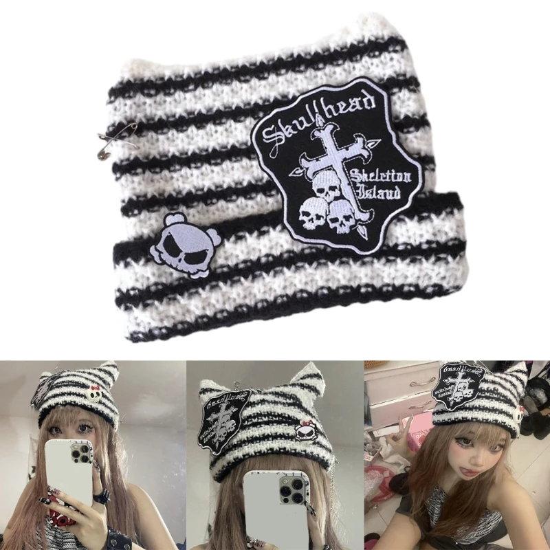 

Knitted Beanie Hat for Women Y2K Anime Ear Gothics Hat Crochet Woolen Yarn Girls Hat Female Teens SubcultureHeadwear