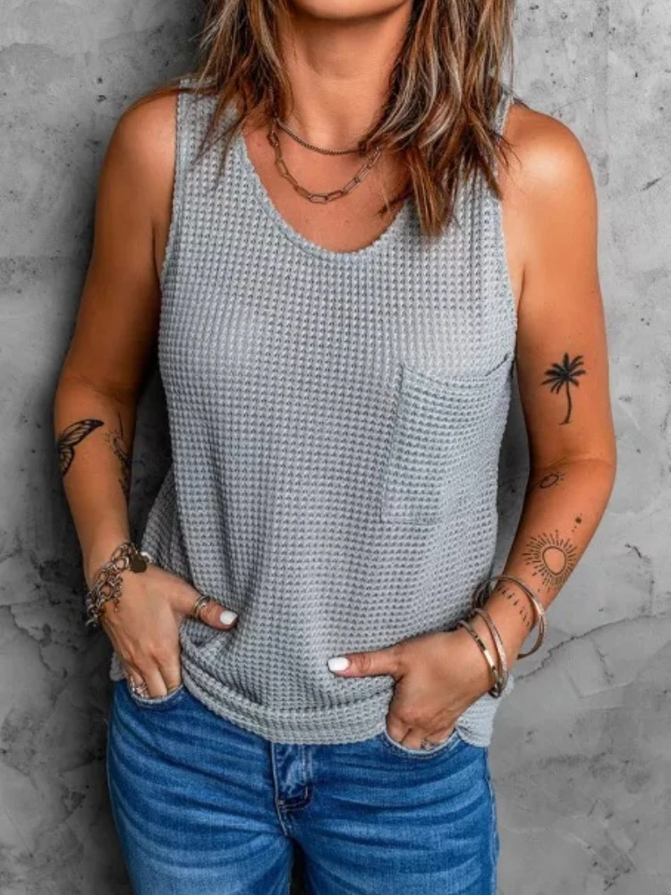 Топ женский с круглым вырезом однотонная вафельная рубашка без рукавов