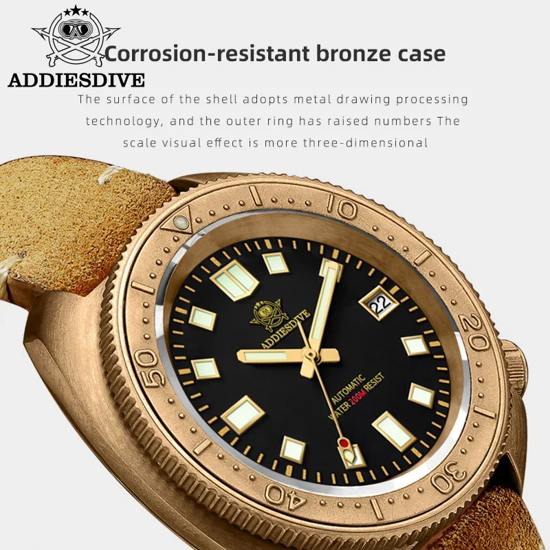 ADDIESDIVE CUSN8 бронзовые часы для дайвинга 200 м водонепроницаемые NH35A сапфировые