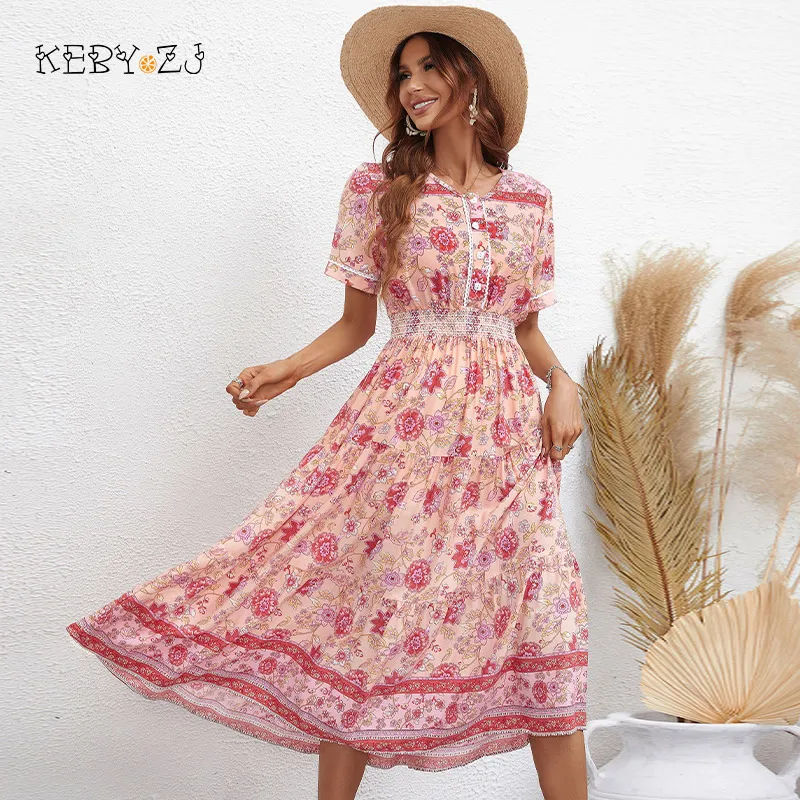 

KEBY ZJ Women's Boho Dress Rayon Floral Summer Beach Sundress Ladies Print Casual Long Sleeve V-neck A-Line Midi Dress Vestidos