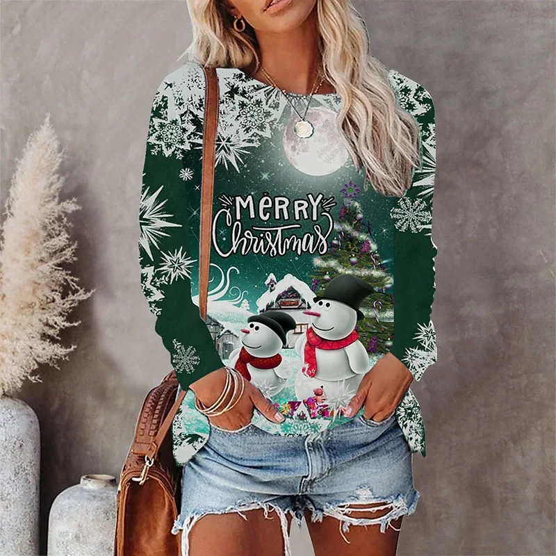 2022 Autumn Women Elegant Long Sleeve Snowman Printing Tops Christmas Trend T-shirt Winter Round Neck Vintage Pullover Tee Shirt images - 6