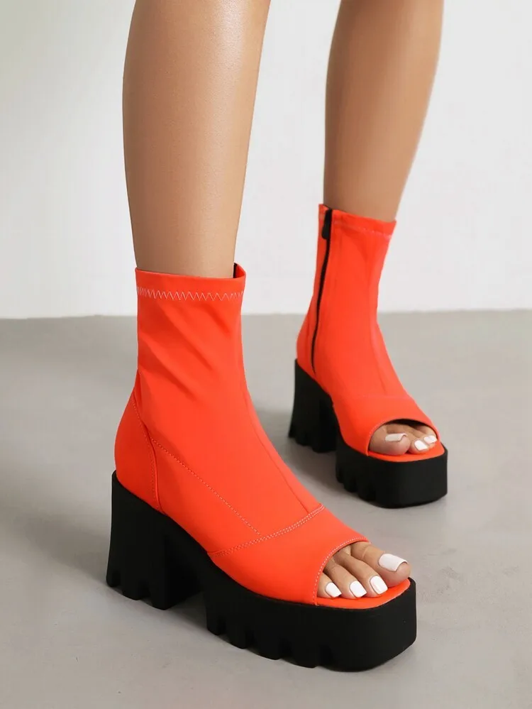 Peep Toe Ankle Boots 2023 Summer New Women Chunky Heels Platform Boots With Zipper Women's Thick Sole Sandal