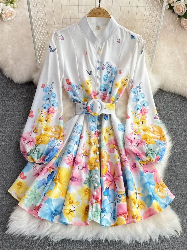 

Summer Runway Design Boho Dress Women Stand Collar Puff Sleeve Single Breasted Floral Print Belt Holiday Party Mini Dress S6899