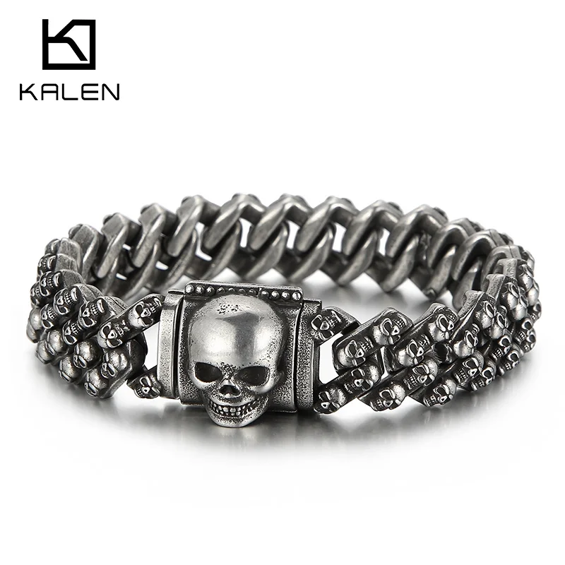 

KALEN Luxury Skull Stainless Steel Bracelet Vintage Men's Cuban Chain High Quality Jewelry Holiday Gift