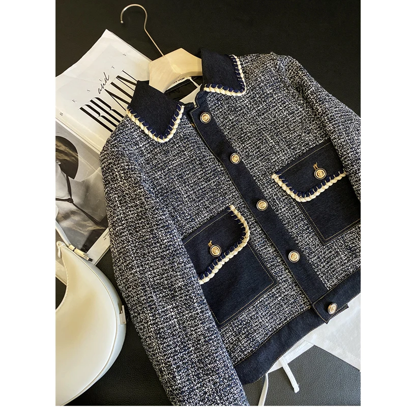 

Designer Clothes Women Luxury Blended Tweed Patch Denim Short Woolen Plaid Cropped Jacket Winter Cold Checkered Coat Mixtures