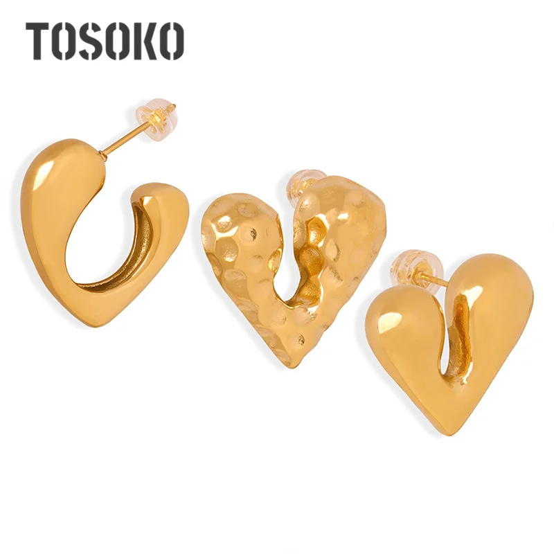 TOSOKO простые и несимметричные серьги для влюбленных титановая сталь позолоченные