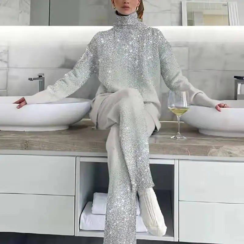 

Long Sleeve Top High Waist Pant Suit Elegant Women Turtleneck Print Casual Tracksuit 2022 Spring Autumn Loose Pant Suit