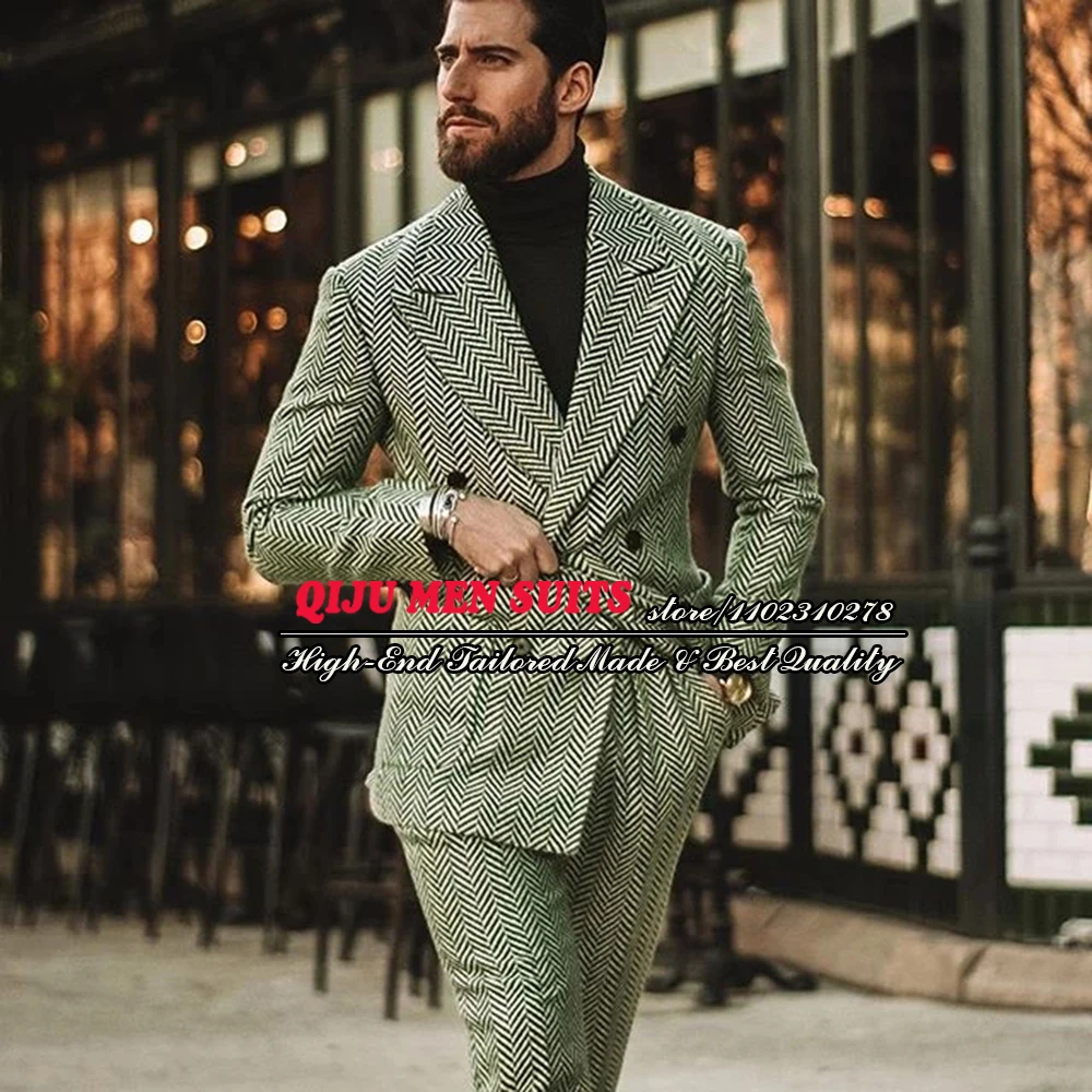 

Tailored Made Suits Men Formal Business Grey Herringbone Double Breasted 2 Pieces Blazer Sets Groomsman Jacket Pants Male Dress