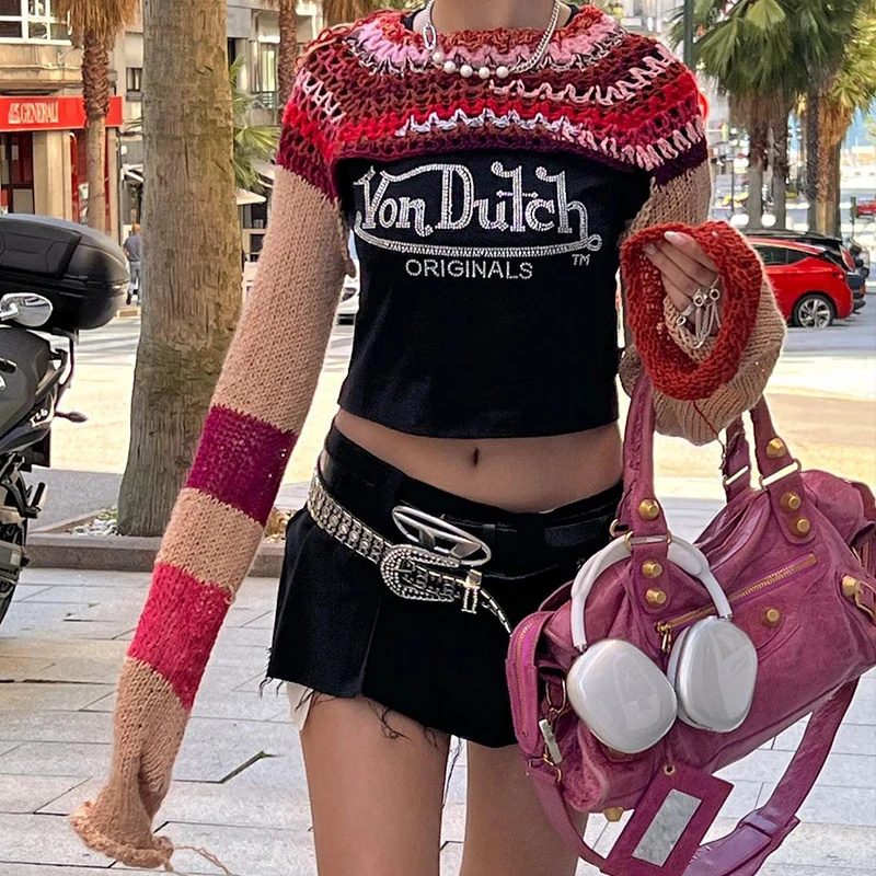 Кроп-топ Y2K с вырезами вязаные свитера в стиле ретро Женский Летний дышащий