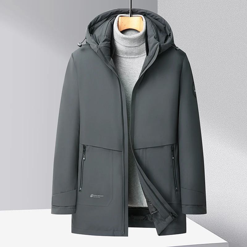 2022 Winter Men Smart Casual Hooded Puffer Parkas Black Grey Navy Blue Puff Lining And Hood Detacable Design Thermal Overcoat