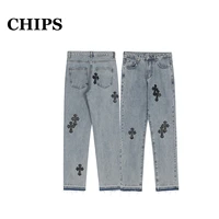 chips cross printing men harajuku streetwear hip hop jeans loose figure print vintage straight pants casual leg jeans fashion
