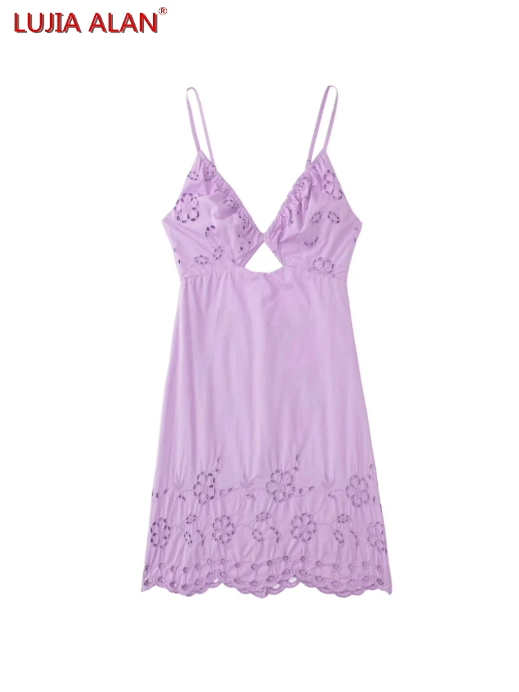 

Hollow Out Embroidery Women Backless Sling Dress Autumn Female Slim Mini Vestidos Casual Streetwear LUJIA ALAN WD365