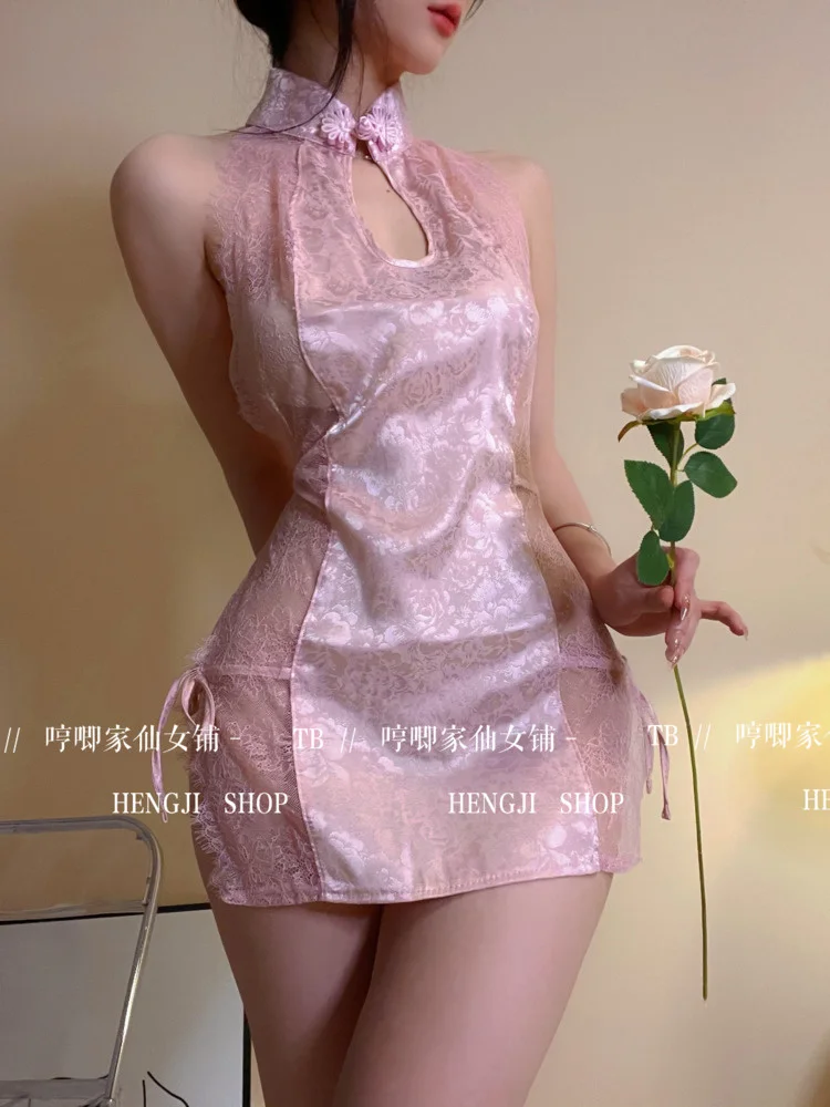 

Lace Mesh Sweet Halter Neck Bow Cheongsam Sweet Mini Dress Sweet Hot Sexy Exotic Fashion Korean Women Tops 2022 Summer R8NJ