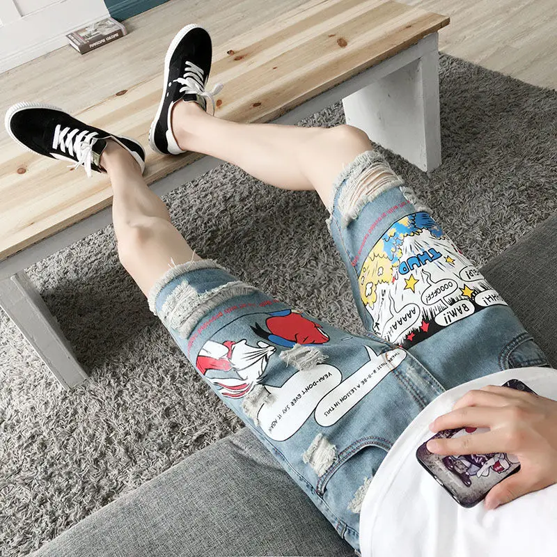 New Arrival Hot Sale Fashion Mens Jeans Print Light Jean Shorts Men Ulzzang Summer Pattern Length Zipper Fly Stonewashed