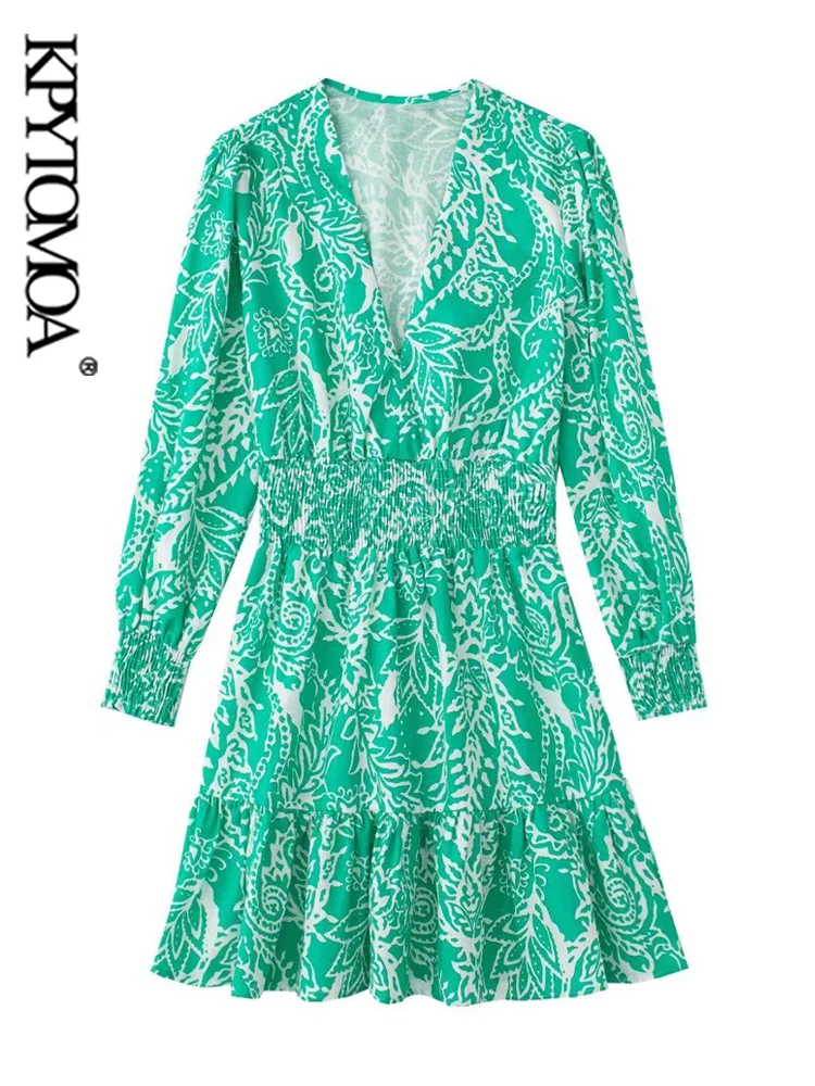 

KPYTOMOA Women Fashion With Ruffled Printed Mini Dress Vintage Three Quarter Sleeve Elastic Waist Female Dresses Vestidos Mujer