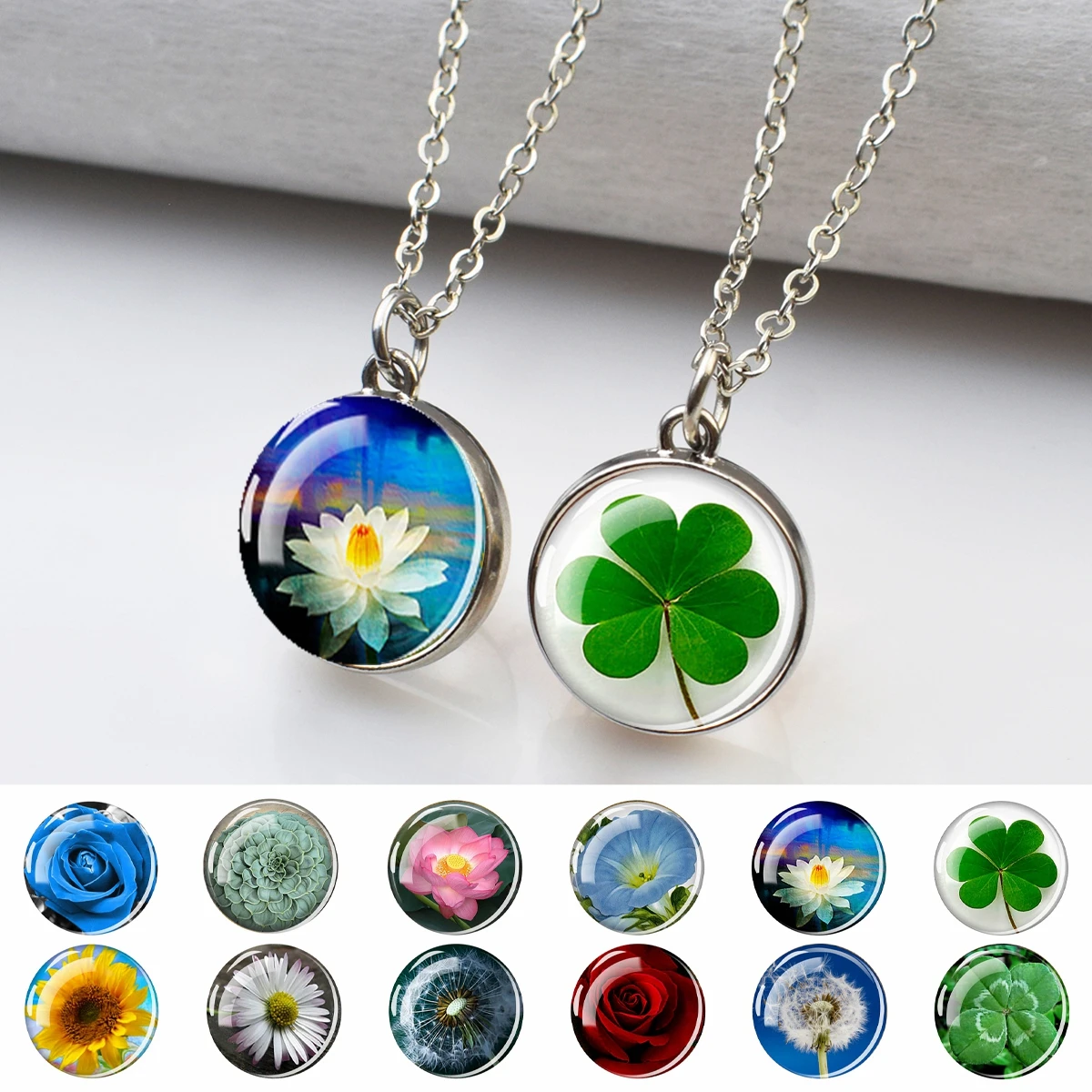 

Flower Necklace Natural Plant Lotus Four Leaf Clover Daisy Image Glass Ball Pendant for Women Girl Jewelry Gift