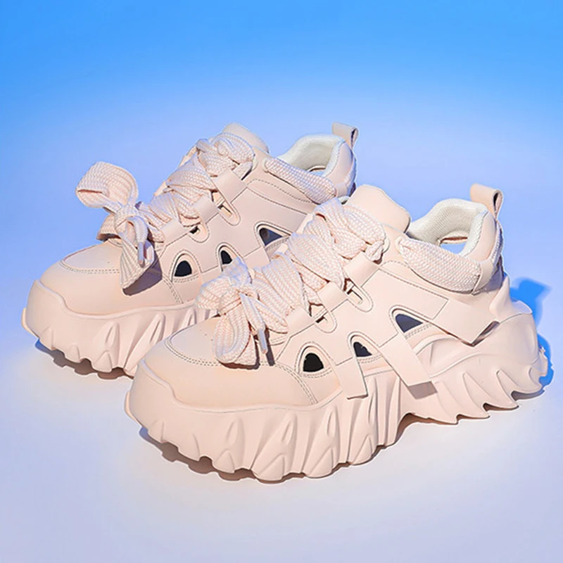 6.5cm Hollow Chunky Fashion Sneakers Genuine Leather Women Vulcanize Sandles New Female Summer Comfy Lace Fashion Females Shoes