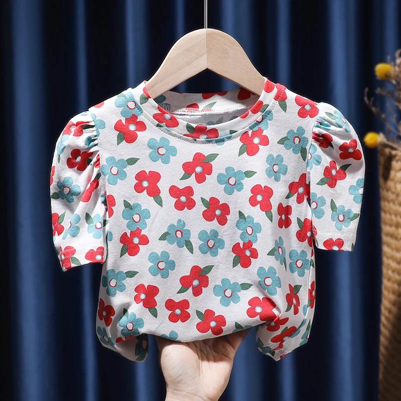 

Vintage Puff Short Sleeve Summer Clothes for Toddler Girls Flower Casual Tshirt Retro Style Cotton Clothes Girls T Shirt Tops