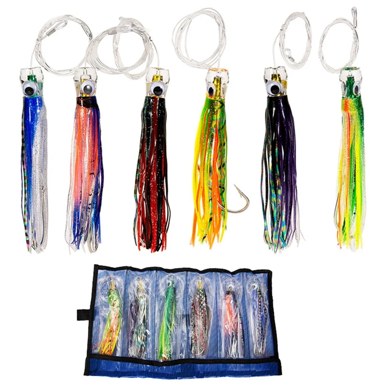 

1 Set of 6Pcs 6.5 Inch Trolling Skirt Lures Marlin Tuna Big Game Octopus Fishing Lures Ocean Boat Trolling Fishing Lures