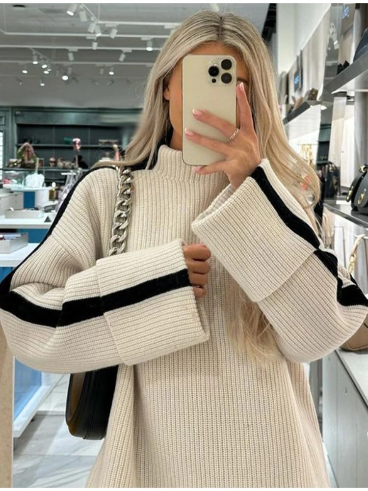 

Women's Sweater Stripe Knitted Pullover Loose Long Sleeve Turtleneck Female Autumn Winter Casual Thick Knitwear Woman Clothing