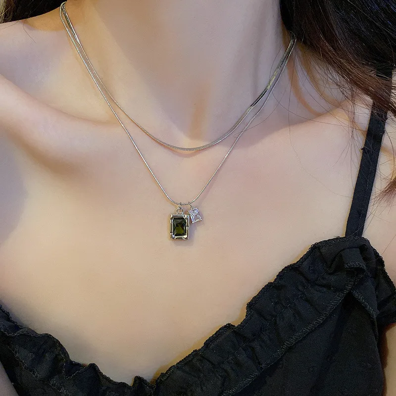 

KAITIN Korea Zircon Square Two-piece Necklace Female Fashion Temperament Collarbone Chain Simple Versatile Necklace for Women