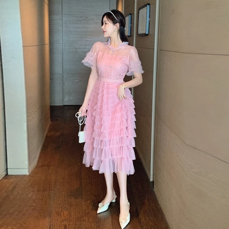 Женское платье новинка 2024 офисные милые кружевные розовые платья во французском