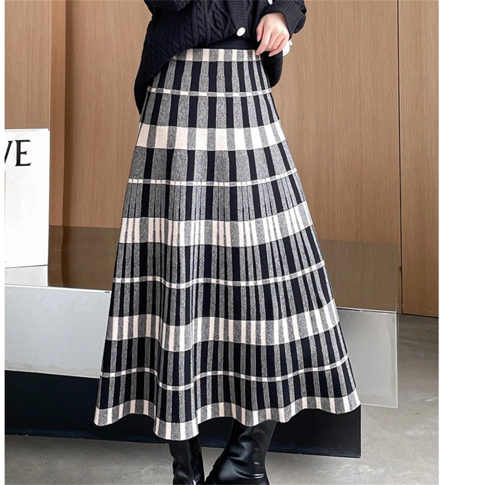 

Винтажная клетчатая трикотажная длинная юбка для женщин, Осень-зима 2021, элегантная трапециевидная эластичная юбка средней длины с высокой ...