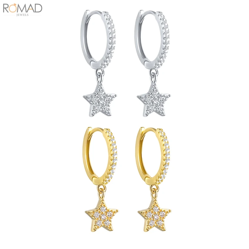 

Серьги-кольца Romad женские с цирконом, маленькие ювелирные украшения с покрытием из 18-каратного золота в виде звезд и полумесяца, цвет белый, ...