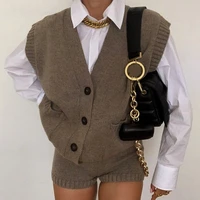 women spring v neck button pockets loose sleeveless knitted jumper 2021 grey sweater vest autumn casual oversized cardigans tops