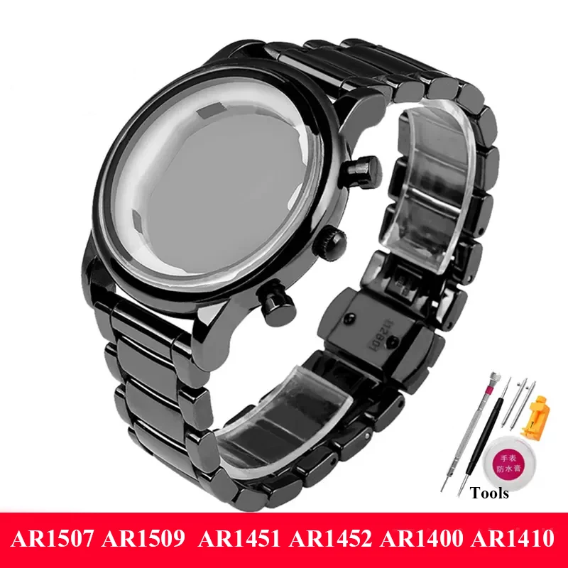 Ceramic Watchband Accessories Strap + Case for Armani  AR1451 AR1452  AR1400 AR1410 AR1507 AR1509  wristband Butterfly button