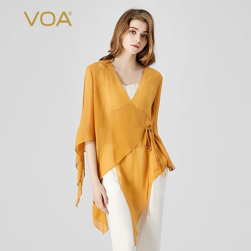

VOA 100% Real Mulberry Silk Georgette Brown V-neck Half Sleeve Lace Up Tops Womens Loose Simple Straight Thin Coat Women WE257