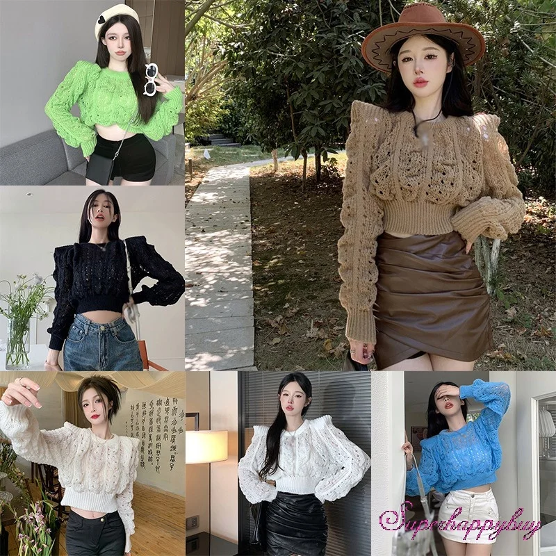 

Женский свитер с круглым вырезом, повседневные модные короткие вязаные топы с длинными рукавами-фонариками