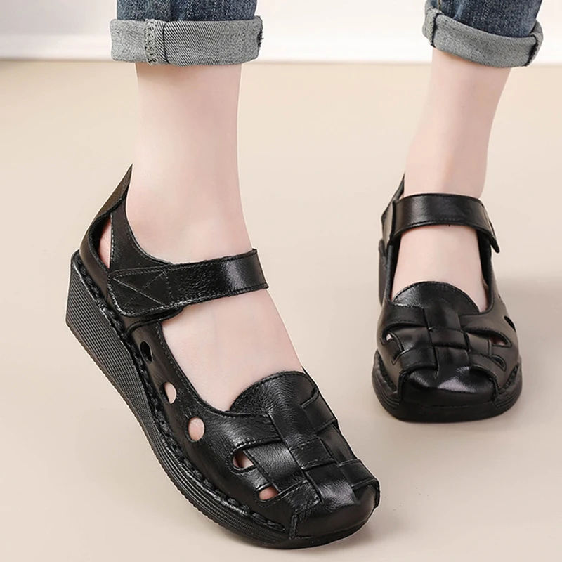 Quality Woven women's Shoes New Summer Genuine Leather Fashion Simple Soft Beach Roman Vacation Flat Women's Sandals